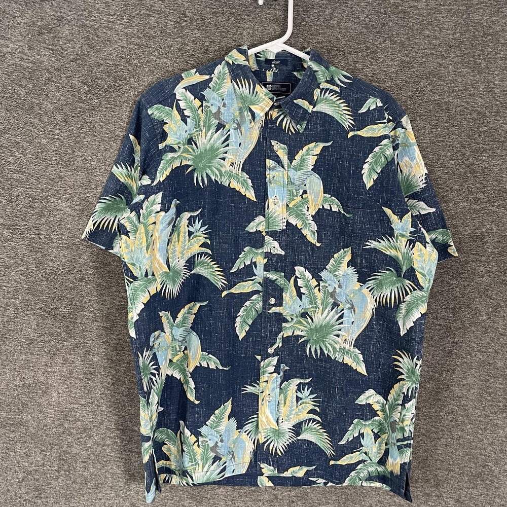 Reyn Spooner Shirt Mens Medium Blue Tropical Bird Floral Short Sleeve Aloha